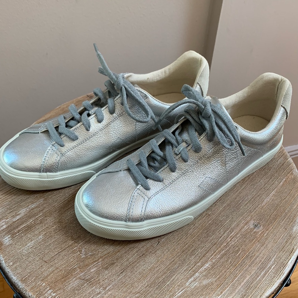 Silver leather sneakers by Veja size 10